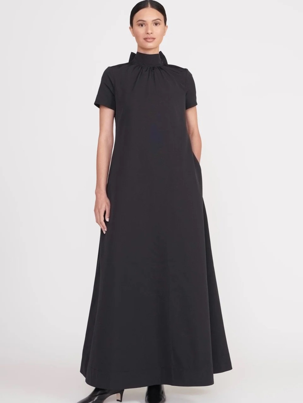 STAUD Ilana Black High-Neck Short Sleeve Maxi Dress